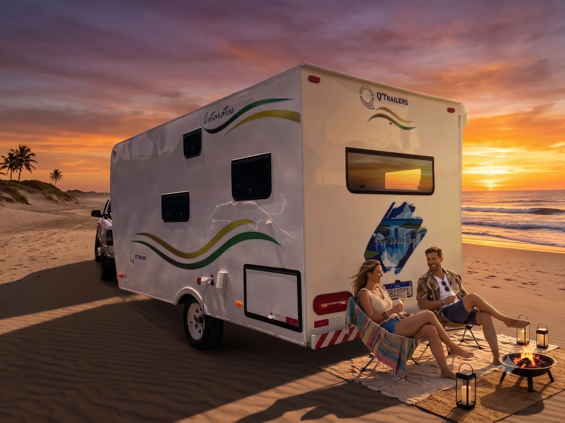 Trailer Cataratas na praia ao pôr do sol com um casal